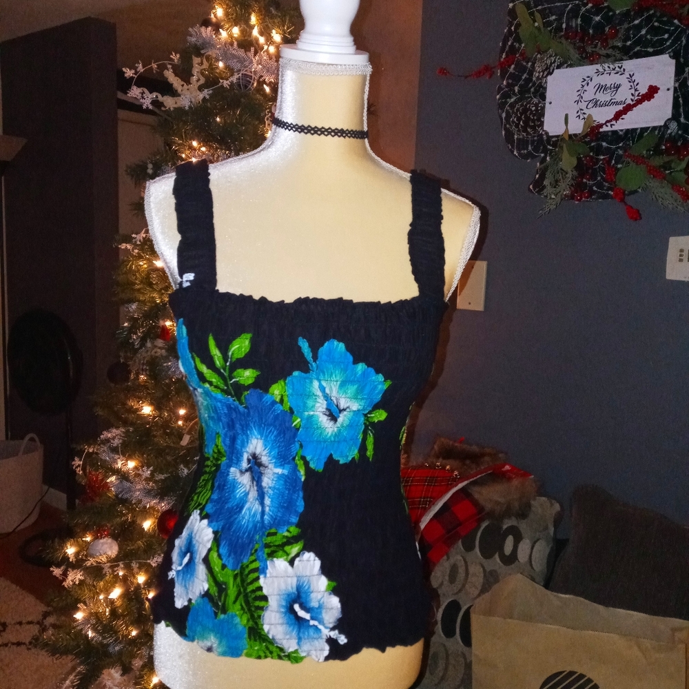 Womens beautiful tank top, M rutched black with blue tropical flowers